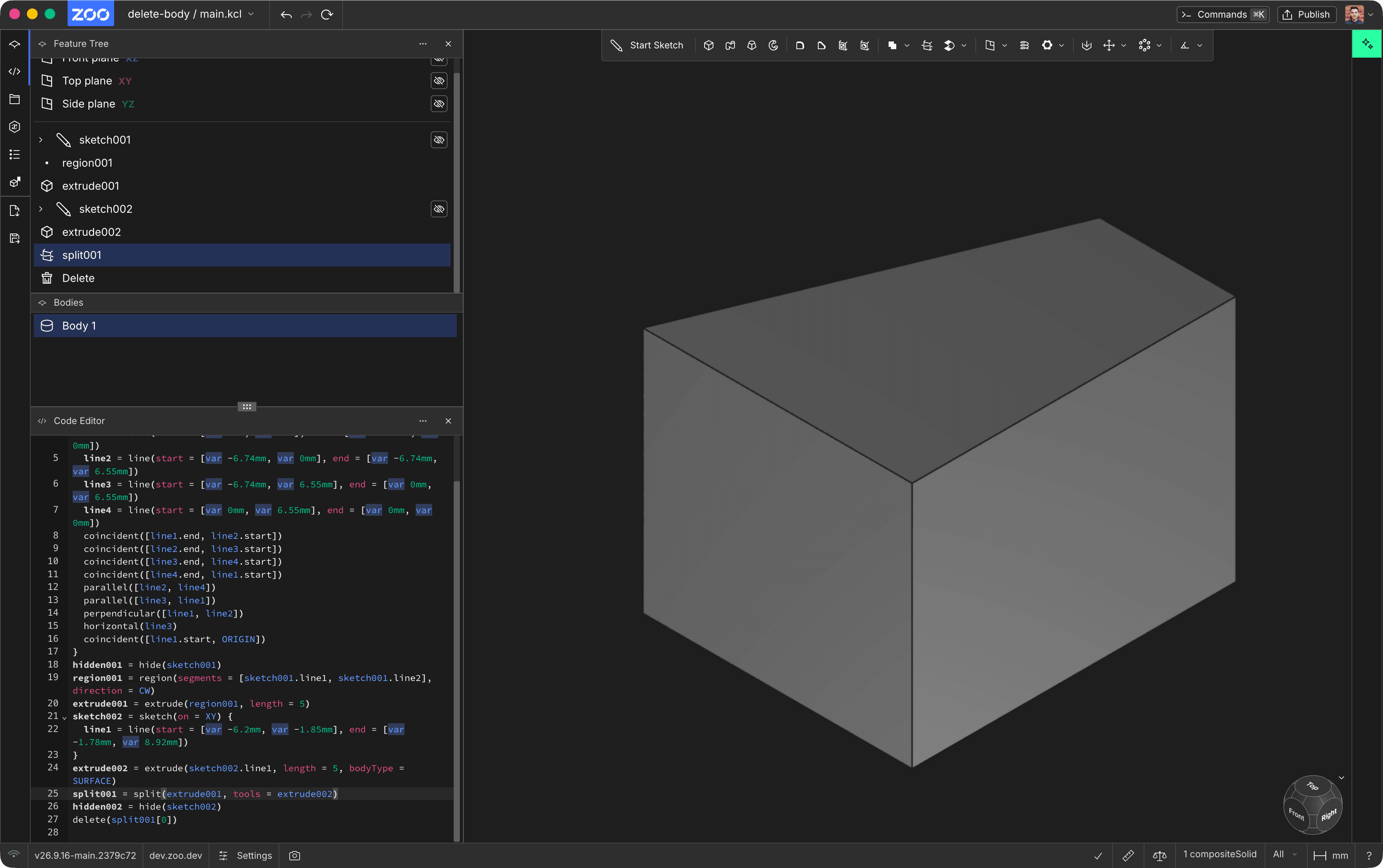 Model after deleting one split body, with one body remaining in the Bodies pane and a Delete feature in the Feature Tree