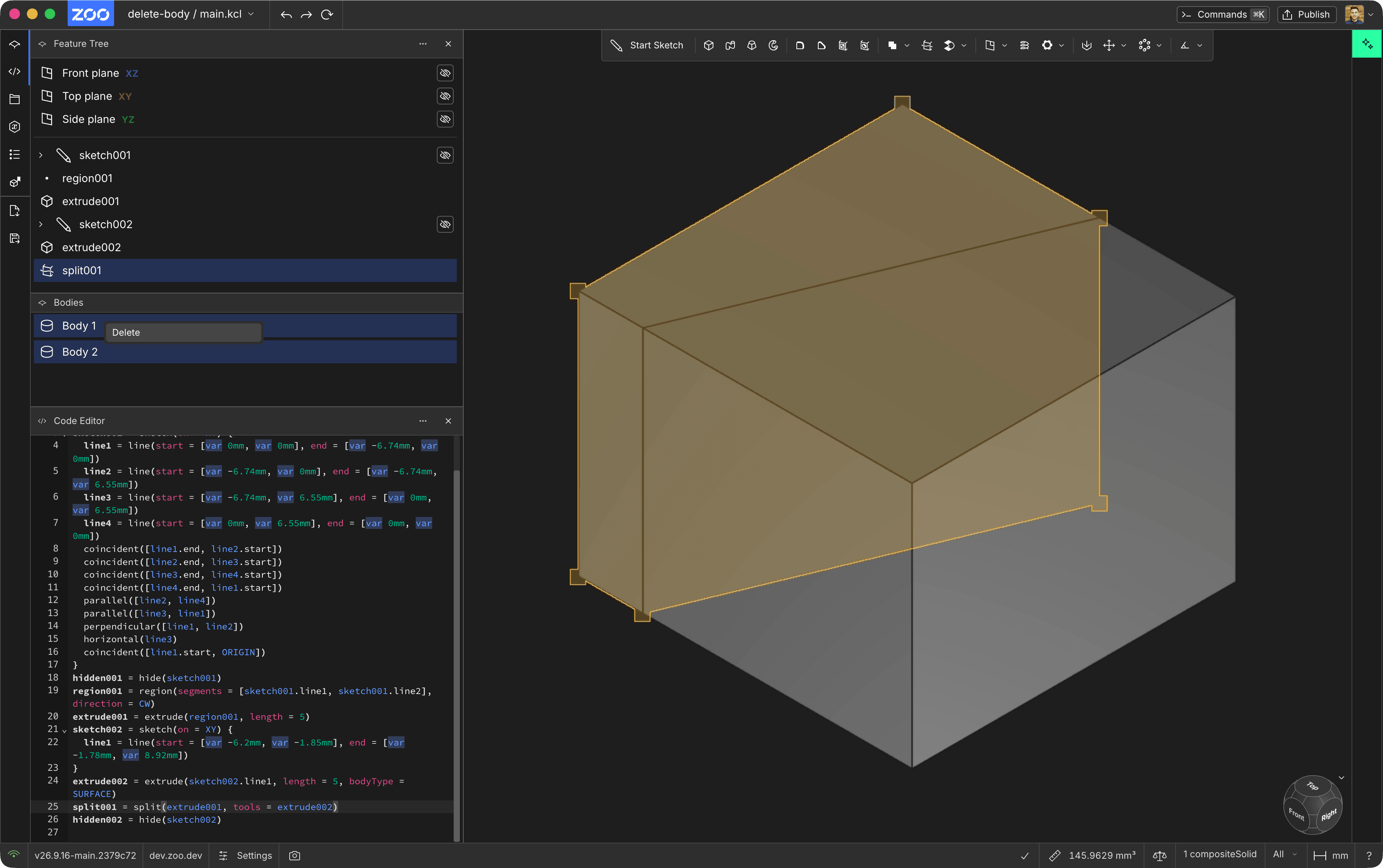 Split model with two bodies and the Delete context menu open in the Bodies pane