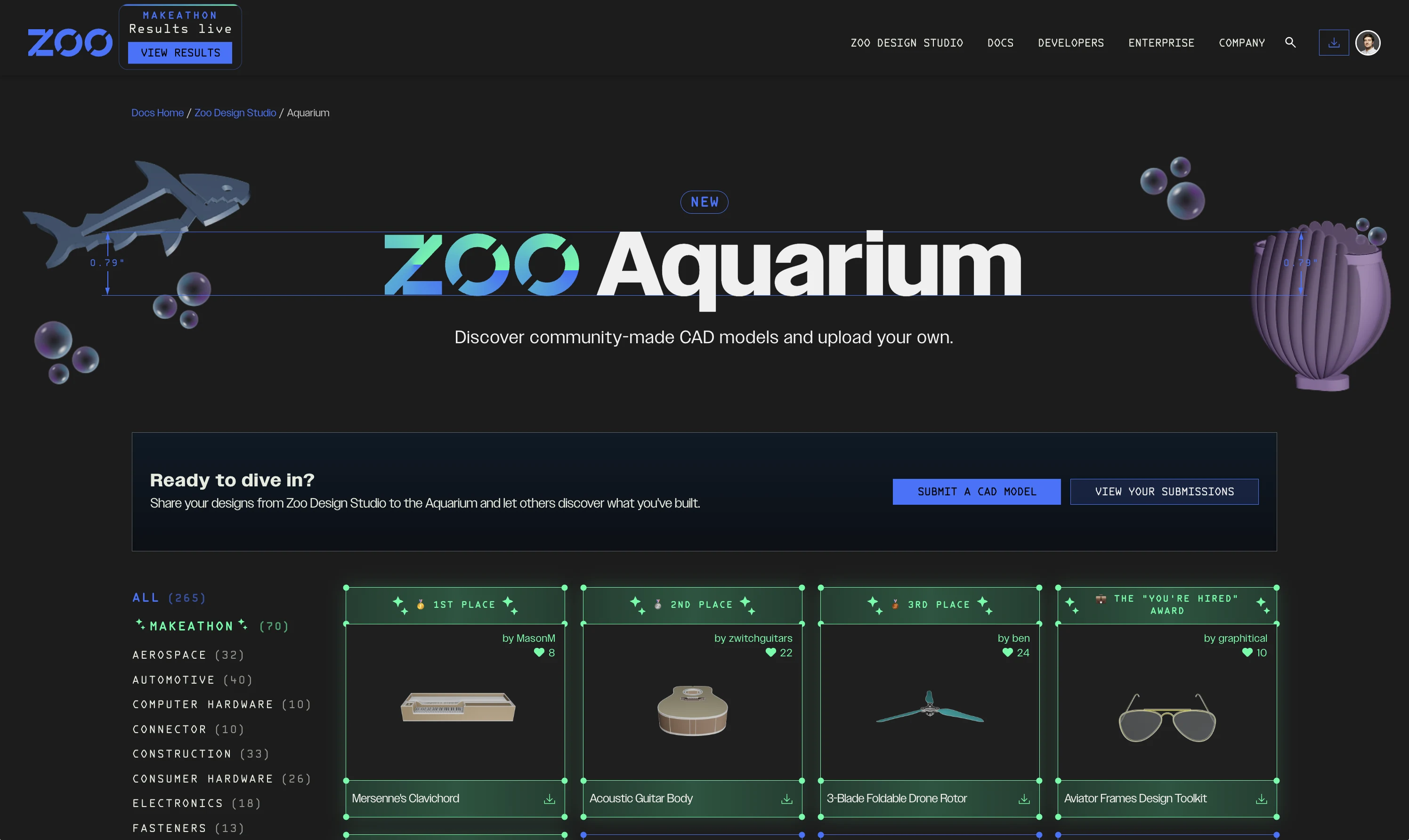 Aquarium CAD Gallery page with public model cards