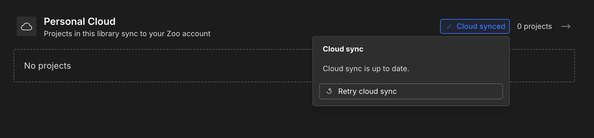 Zoo Design Studio's Cloud Sync badge on a library, with the popover opened