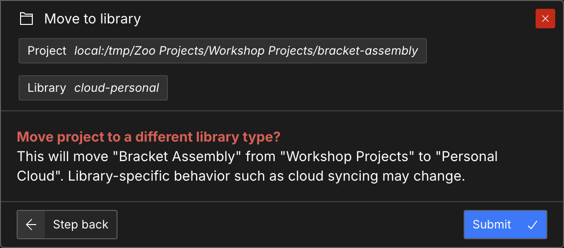 Move to library review for moving a Directory project into Personal Cloud