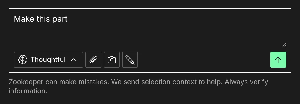 Zookeeper prompt composer with the prompt Make this part ready to send