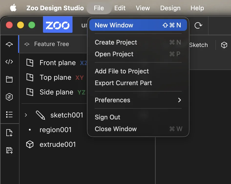 Zoo Design Studio File menu with New Window highlighted