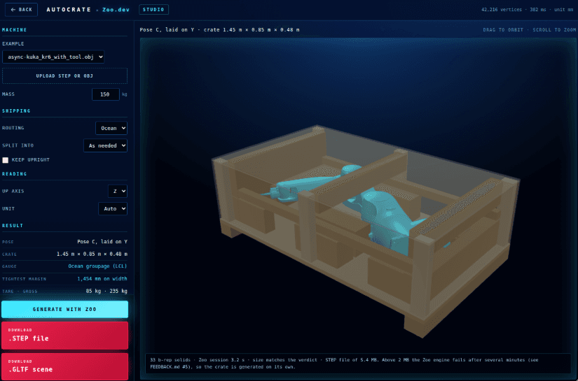 AutoCrate interface showing objects secured inside a generated shipping crate.