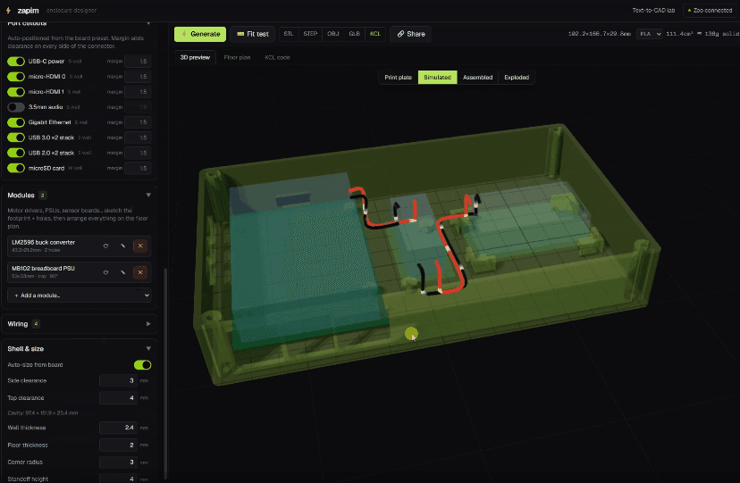 Zapim interface showing an electronics enclosure with automatically routed wiring and mounted components.