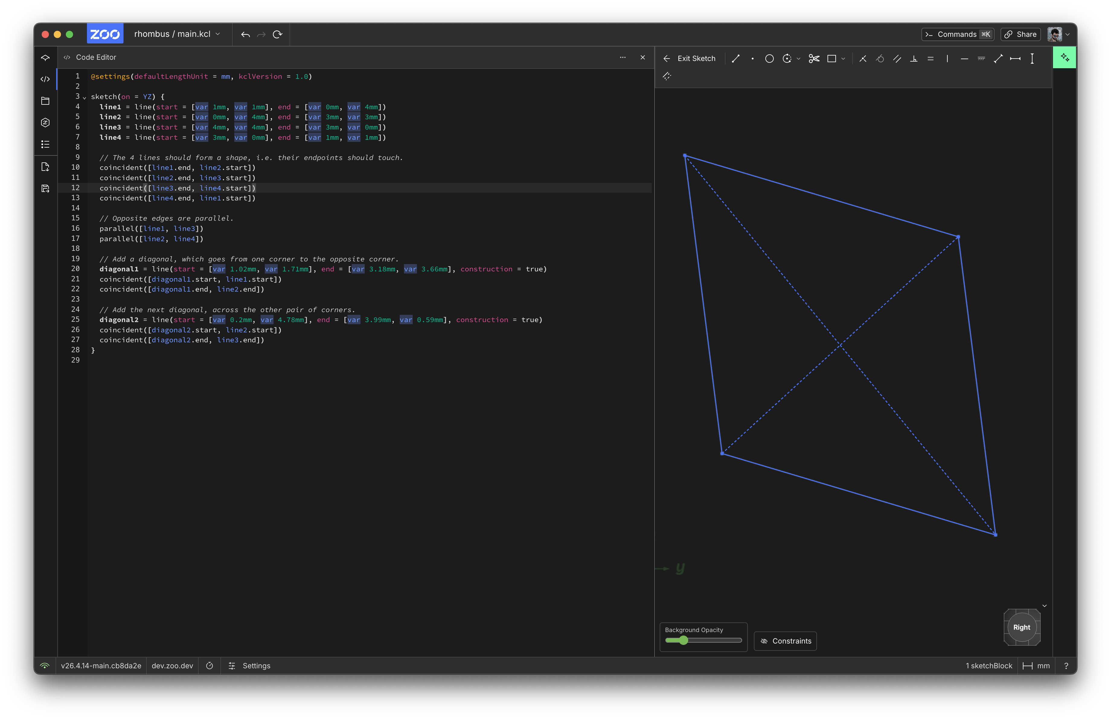 Added the construction geometry diagonals