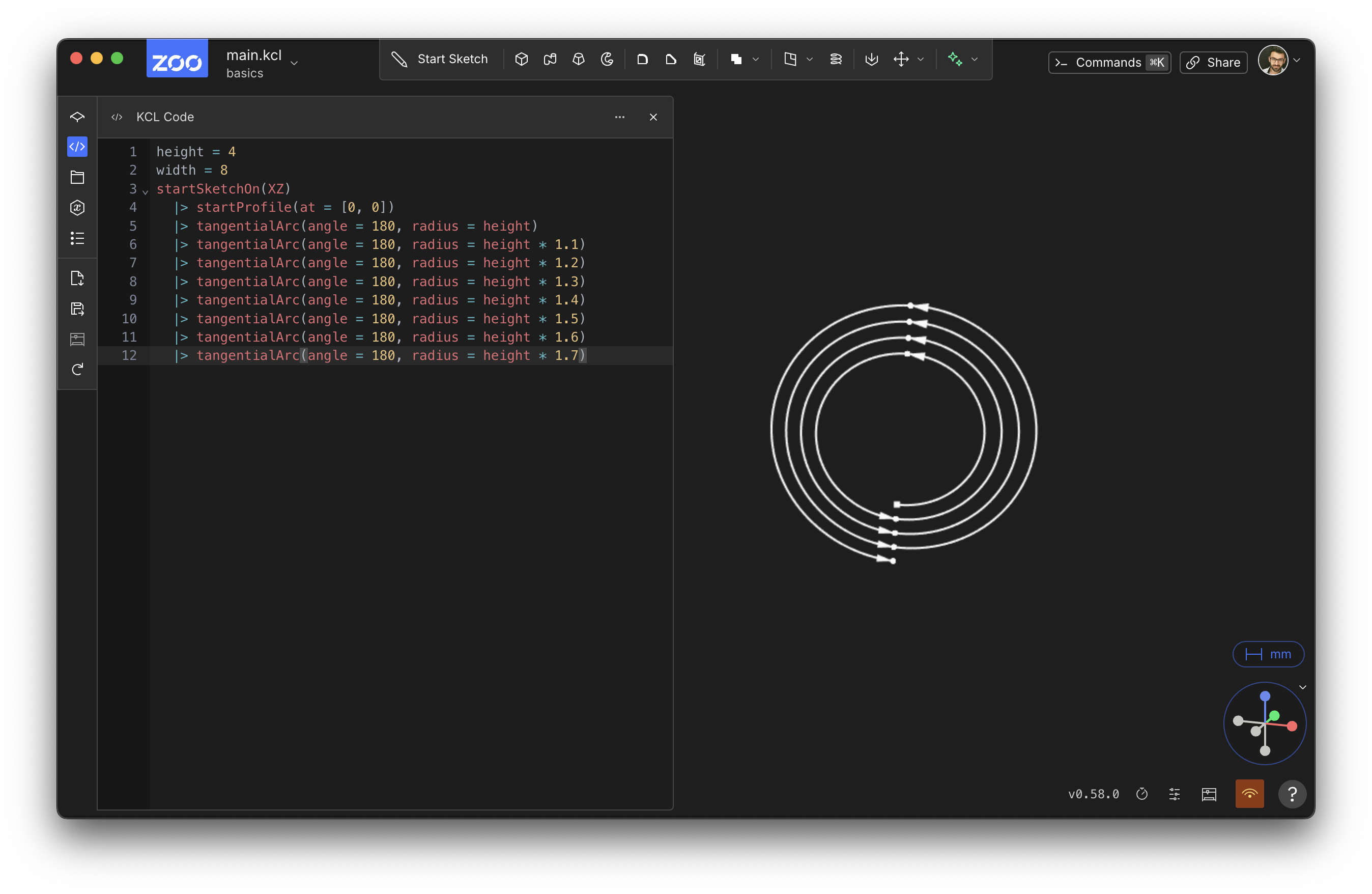 A spiral made from many tangential arcs