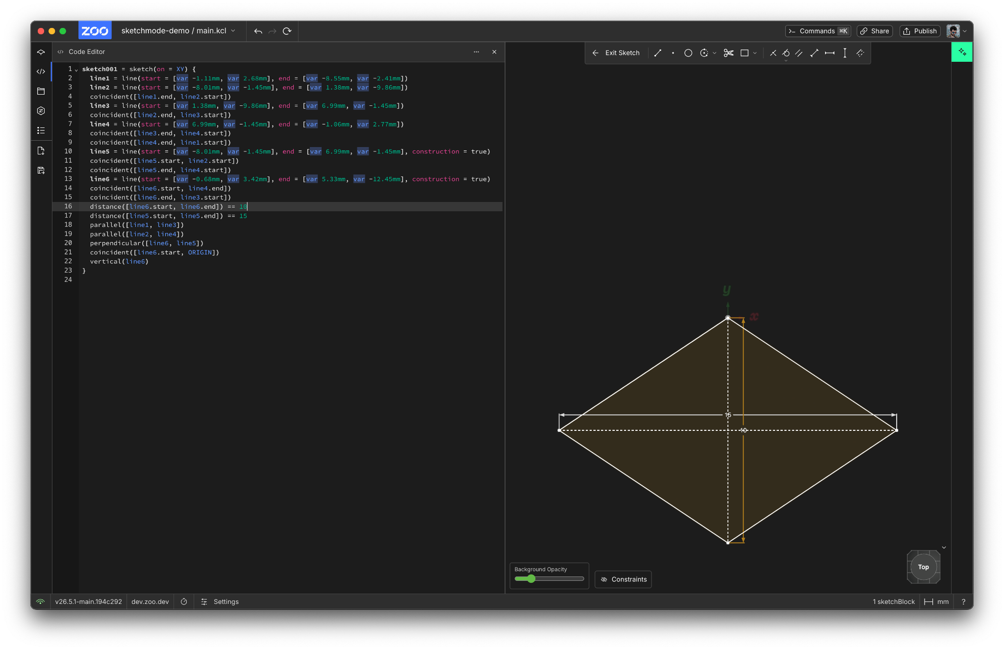 Rhombus sketch, showing the KCL code for it