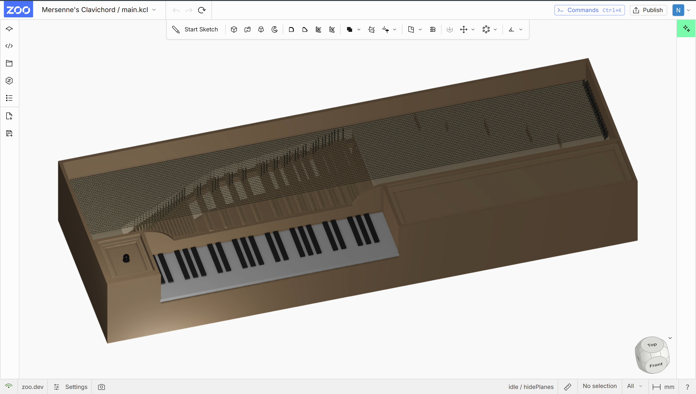A close view of Mason Malone's clavichord model in Zoo Design Studio, showing its keyboard, strings, bridges, and tangent layout