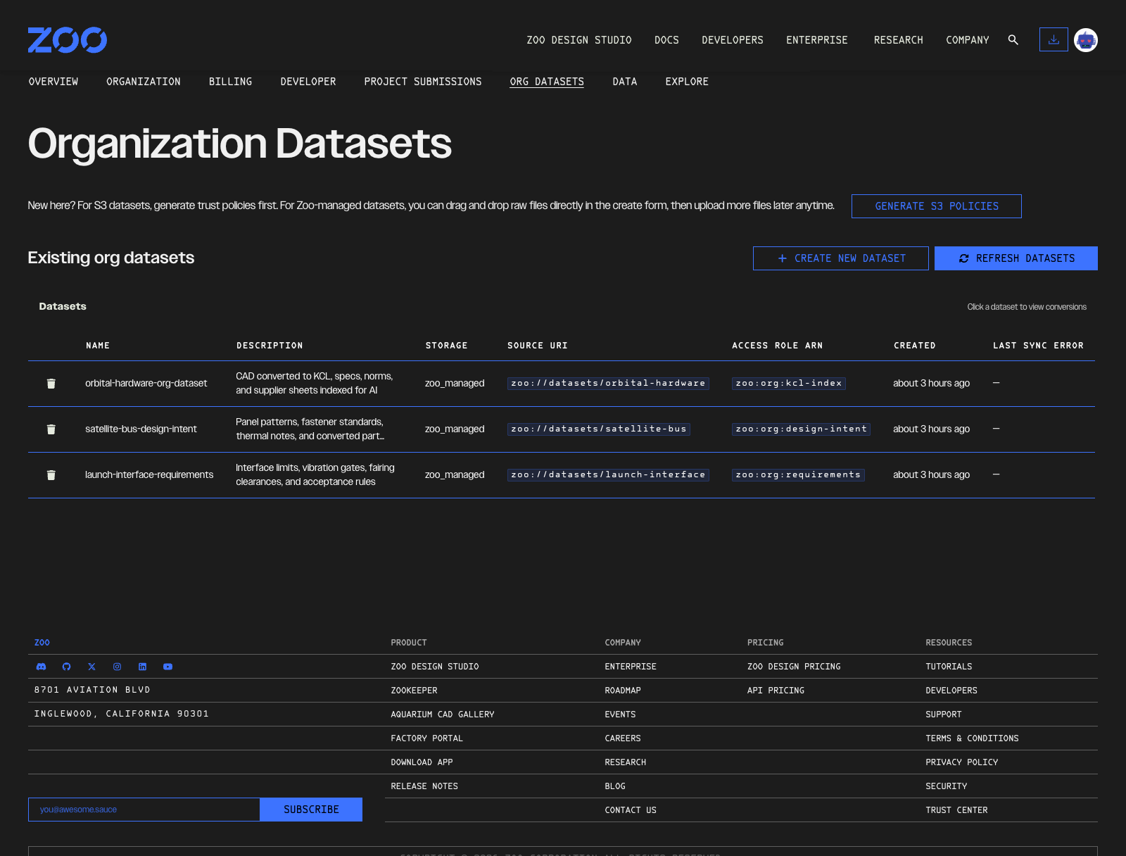 Organization Datasets page listing company engineering sources