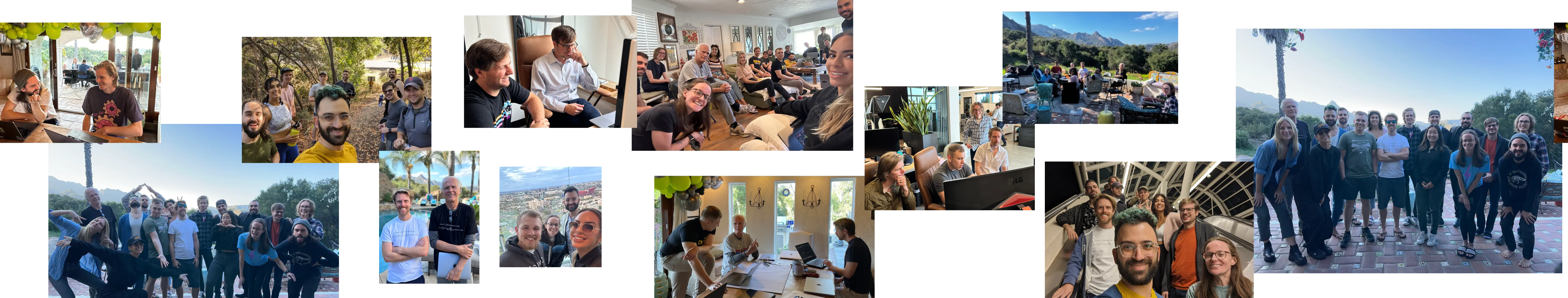 A collage of images from our team hanging out together, some goofy and some with us collaborating on work problems. Most are from our first team retreat (KittyCAMP) that took place October 2023 in Malibu, California.